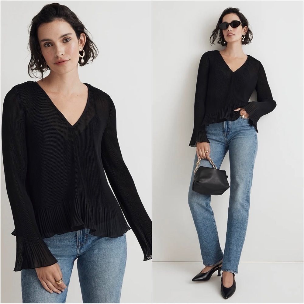 Madewell Blouse Pleated Flare-Sleeve Top Semisheer Black XXS NWT New